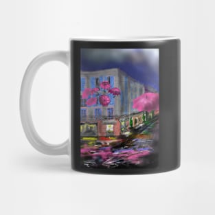 French street in Montanban, with pink umbrellas Mug